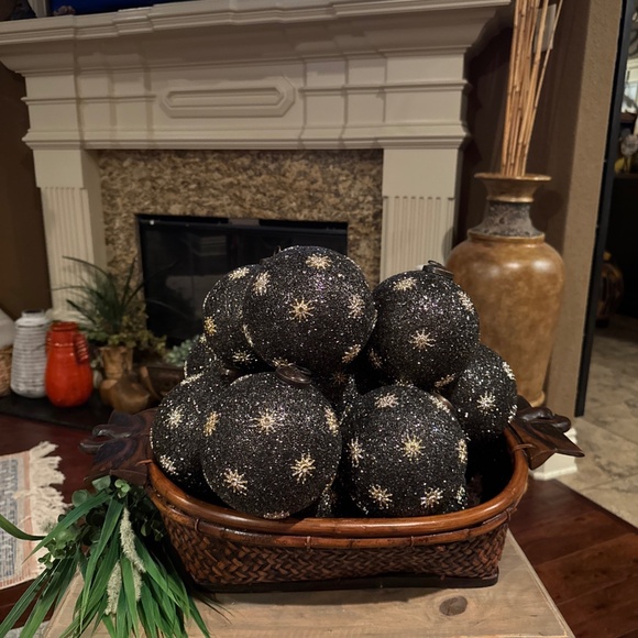 16 VTG Large Beaded Glass Black & Silver Ornaments